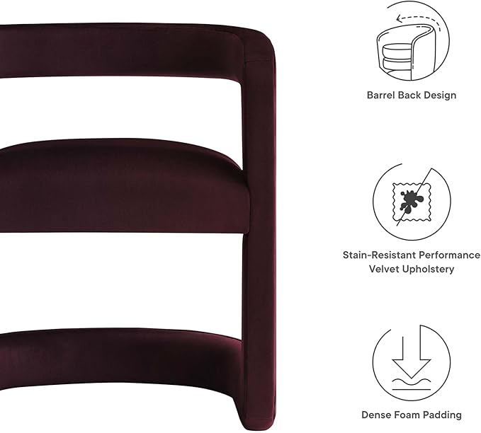 Modway Winslow Stain-Resistant Performance Velvet Dining Chair in Mulberry - Open Back Barrel Armchair - Upholstered Dining Chair - Cozy Reading Chair or Velvet Vanity Chair