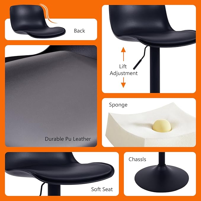 Kidol & Shellder Bar Stools Set of 2 Black Adjustable Swivel Barstools Modern PU Leather Upholstered Counter Height Stools,Armless with Back Bar Chairs for Kitchen Island