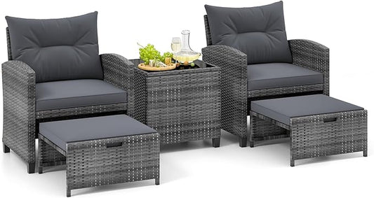 Tangkula 5 Pieces Patio Conversation Set, PE Wicker Rattan Outdoor Furniture Set with 2 Chairs, 2 Ottomans & Tempered Glass Coffee Table, Ideal for Poolside, Backyard, Lawn, Deck, Grey