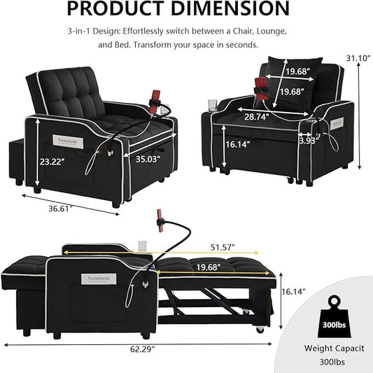 Convertible Sofa Bed, 3 in 1 Futon Sofa Bed with USB Charging Ports, Cup Holder, Phone Stand & Pocket, Modern Upholstered Sleeper Sofa for Living Room, Apartment or Small Space (Black)