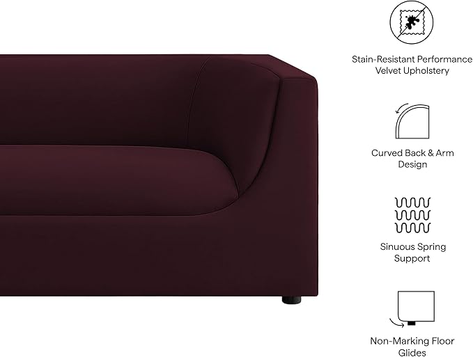Modway Hilda 86 Inch Modern Curved Back Performance Velvet Sofa in Mulberry – Plush Upholstered 3-Seat Couch for Living Room, Apartment, Office