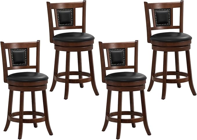 GOFLAME 25.5” Upholstered Bar Stools Set of 4, Swivel Counter Height Barstools with Curved Backrest & Footrest, Solid Rubber Wood Bar Stools for Kitchen Island, Bar Counter, Cafe, Dining Room
