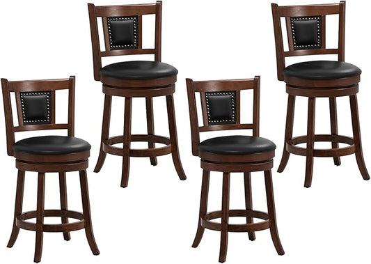GOFLAME 25.5” Upholstered Bar Stools Set of 4, Swivel Counter Height Barstools with Curved Backrest & Footrest, Solid Rubber Wood Bar Stools for Kitchen Island, Bar Counter, Cafe, Dining Room