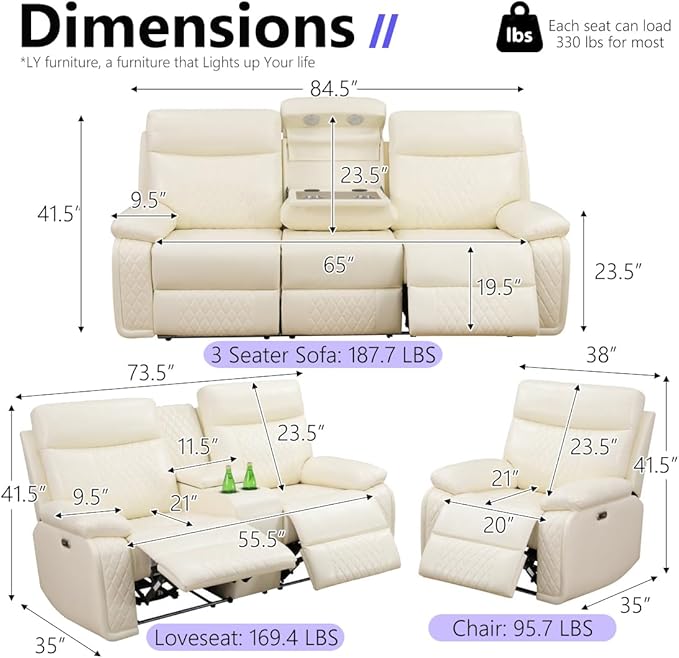 Power Reclining Sofa Set, Living Room Furniture Sets, Luxury Leather Recliner Sofa & Chair with Cup Holders/Charging/LED, Breathing Leather Reclining Couch for Home Theater/Office,Cream White