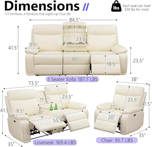 Power Reclining Sofa Set, Living Room Furniture Sets, Luxury Leather Recliner Sofa & Chair with Cup Holders/Charging/LED, Breathing Leather Reclining Couch for Home Theater/Office,Cream White