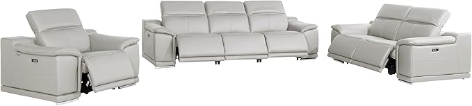 BlackJack Furniture Venice Top Grain Italian Leather 6 Power Recliner Seaters 3 Piece Sofa Set with Adjustable Headrests Modern Seating Sofa, Loveseat and Chair for Living Room Lounge, Light Grey