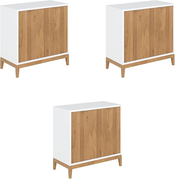 Nathan James Jasper Modern Sideboard, TV Stand with Fluted Doors, Accent Storage for Kitchen or Living Room, White/Warm Pine, Set of 3