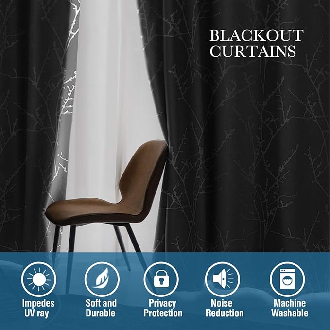 H.VERSAILTEX Blackout Curtains for Bedroom Foil Print Twig Tree Branch Thermal Insulated Grommet Curtain Drapes Light Blocking Thick Soft Window Curtains for Living 52 x 96 Inch, 2 Panels, Grey