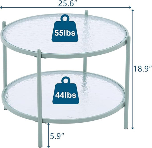 VINGLI 25.6" Small Light Bright Green Round Coffee Table Water-Wave Glass Circle Clear Center Coffee Table with 2-Tier Modern Storage Design for Living Room, Bedroom, Meeting Room, Balcony, Patio