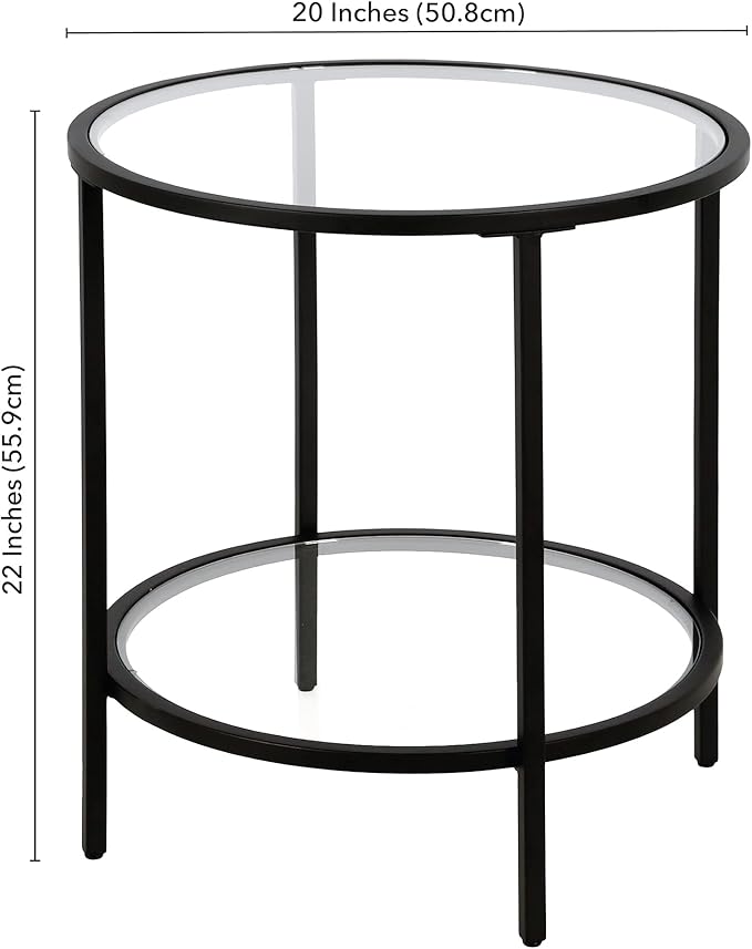 Henn&Hart 20" Wide Round Side Table with Glass Shelf in Blackened Bronze, Table for Living Room, Bedroom