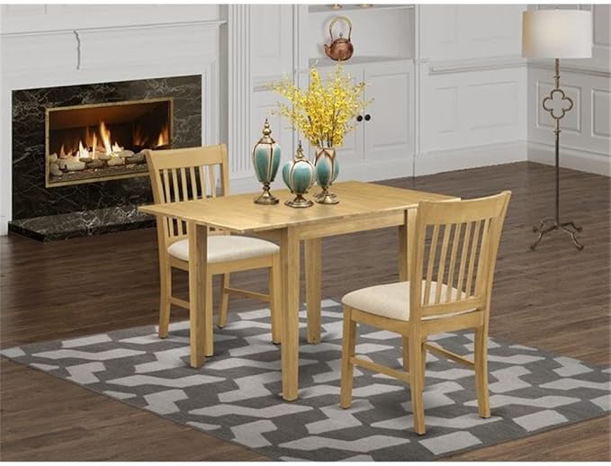 East West Furniture NDNO3-OAK-C 3 Piece Dining Set Contains a Rectangle Dining Room Table with Dropleaf and 2 Linen Fabric Upholstered Kitchen Chairs, 30x48 Inch, Oak