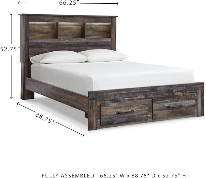 Signature Design by Ashley Drystan Rustic Queen Bookcase Bed with 2 Storage Drawers and LED Light, Foundation or Box Spring Needed, Dark Brown & Gray