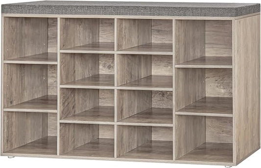 DINZI LVJ Shoe Storage Bench with Cushion, 14-Cubby Shoe Rack, Adjustable Shelves, Multifunctional Shoe Organizer Bench for Entryway, Mudroom, Hallway, Living Room, Bedroom and Garage, Greige