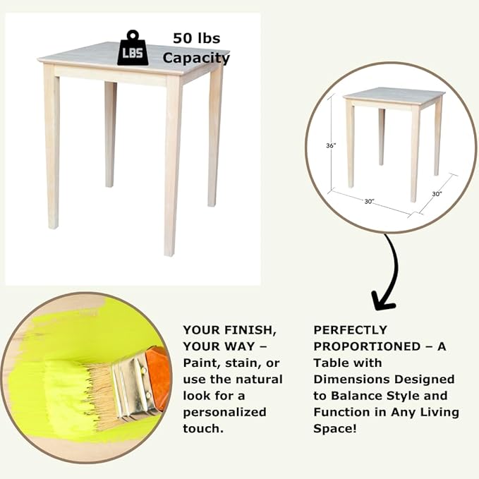 Solid Wood Top Dining Table, 36 Inch High, Unfinished