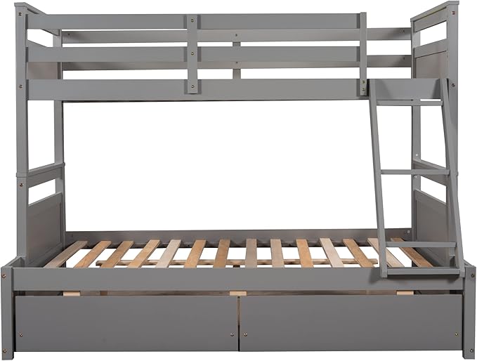 Twin Over Full Bunk Beds with 2 Under Bed Storage Drawers, Stronger & More Stable Bunkbed, Gray