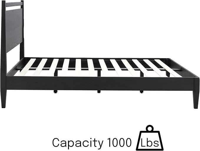 NTC Adept Wooden Bed Frame with Headboard, Solid Oak and Rubber Wood Foundation with Silent Slats and Wood Central Supports, 1000 Lb Capacity, Effortless Assembly, King - Burnt Black