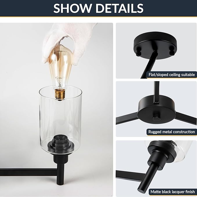 3 Lights Black Chandeliers for Dining Room Light Fixture Over Table, Entryway Chandelier for Foyer, Hallway Lighting Fixtures with Glass Shade for Dining Room Kitchen Island Foyer Hallway