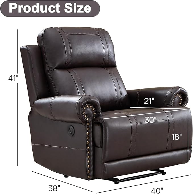 EBELLO Faux Leather Electric Reclining Chair, Power One Seat Sofa with USB and Type-C Charging Ports, Vintage Rivet Design for Small Living Room, Bedroom and Meeting Room, Brown