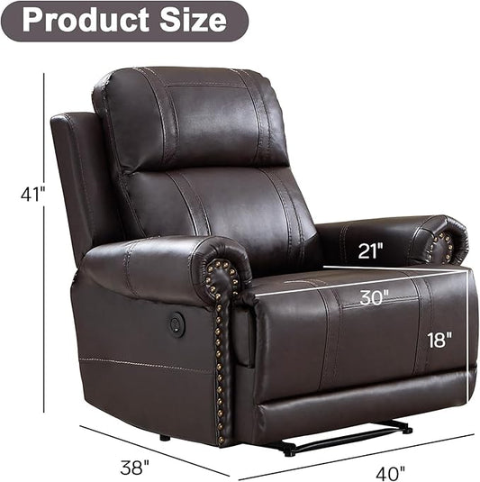 EBELLO Faux Leather Electric Reclining Chair, Power One Seat Sofa with USB and Type-C Charging Ports, Vintage Rivet Design for Small Living Room, Bedroom and Meeting Room, Brown
