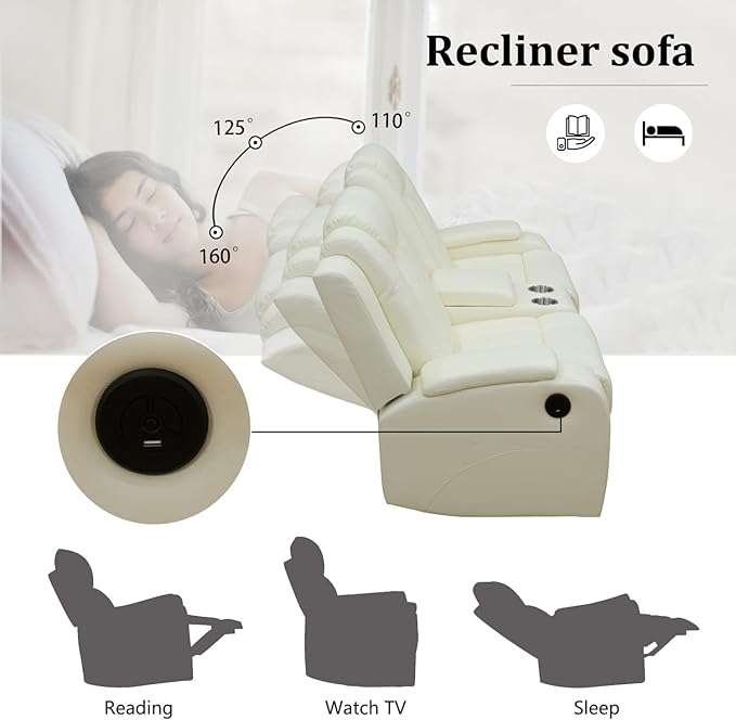 Leather Power Recliner Sofa Set with LED, Living Room Furniture Set, Leather Sofa Set with USB Port Storage Console Cup Holder for Office Living Room Home (Cream White Standard Version 2 Cup Holders)