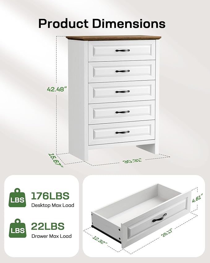 Marsail 5 Drawer Dresser for Bedroom, Modern Farmhouse Wood Wide Chest of Drawers, Storage Dressers Organizer with Anti-Slip Kit for Living Room, Bedroom & Hallway, Wood White