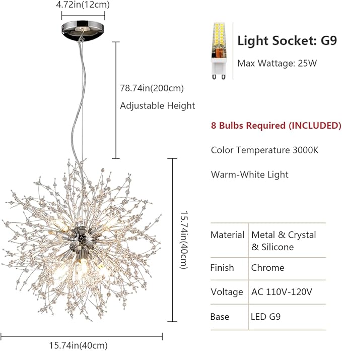 Dandelion Crystal Chandeliers, 8-Light Small Chrome Firework Pendant Lights, 15.7" Stainless Steel Sputnik Chandelier Light Fixture for Kitchen Island Bedroom