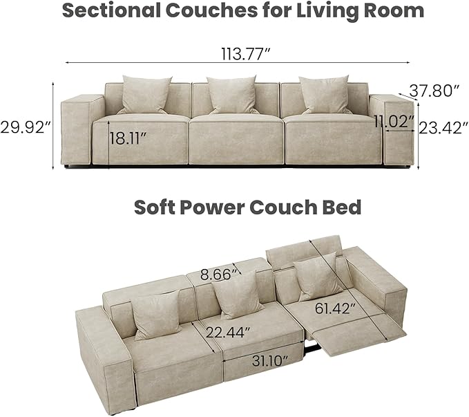 115" Power Sofa,Modular Sectional Couches for Living Room,Modern Large Sofa with Recliners,Comfy Velvet Cloud Couch with Deep Seat,Pet Friendly,Free Combination for Home(Beige)