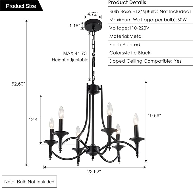 Black Farmhouse Chandelier Iron Chandeliers for Dining Room Light Fixture 6-Light Rustic Industrial Hanging Pendant Light for Kitchen Island Foyer Living Room Bedroom
