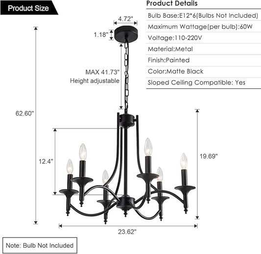 Black Farmhouse Chandelier Iron Chandeliers for Dining Room Light Fixture 6-Light Rustic Industrial Hanging Pendant Light for Kitchen Island Foyer Living Room Bedroom