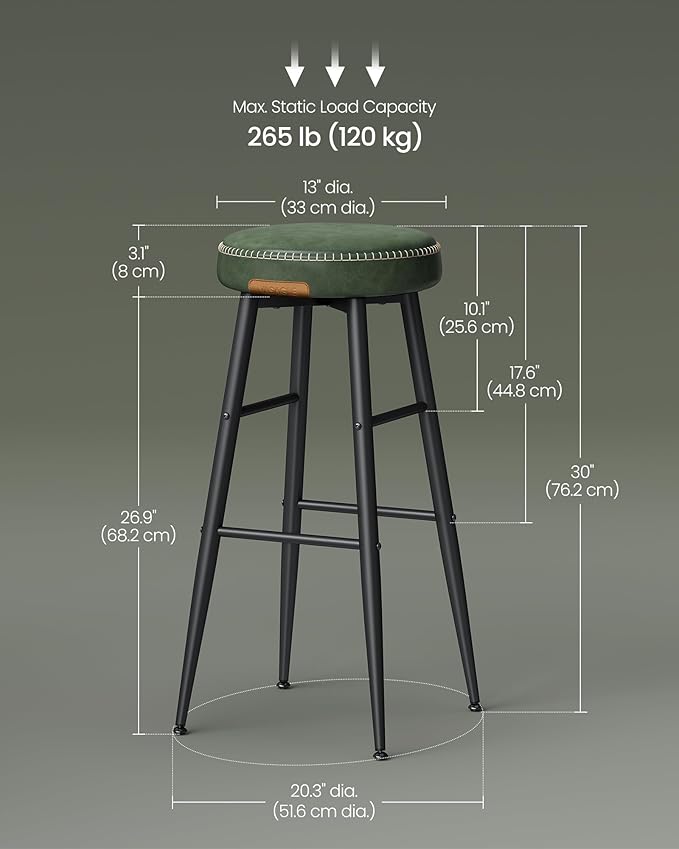 VASAGLE EKHO Collection - Bar Stools Set of 2, Bar Height Bar Stools, Kitchen Counter Stools, Mid-Century Modern Backless Counter Stools, 30-Inch Tall, Kitchen Island Home Bar, Forest Green