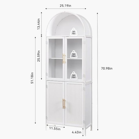 Arched Bookcase Book Shelf with Glass Doors, 5 Tier Display Bookshelf Tall Cabinet with Storage, Industrial Floor Standing Bookshelves Open bookcases for Home Office, Living Room(White)