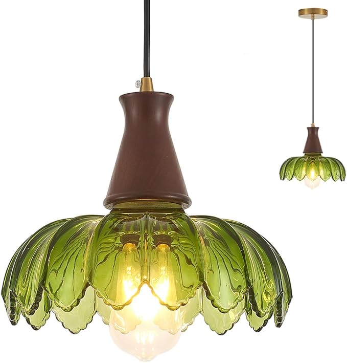 YLONG-ZS Glass Pendant Light,Pendant Lights Kitchen Island,Modern Green Glass Flower Pendant Light, Walnut Wood Vintage Kitchen Hanging Lights for Kitchen Island Dining Room Living Room Bedroom Hotel