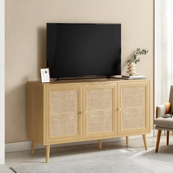 FONTOI Rattan Entryway Table, Entertainment Center with Adjustable Shelf, Sideboard Buffet Cabinet with 3 Rattan Doors, Modern Console Cabinet with Large Storage for Living Room, Kitchen, Brown