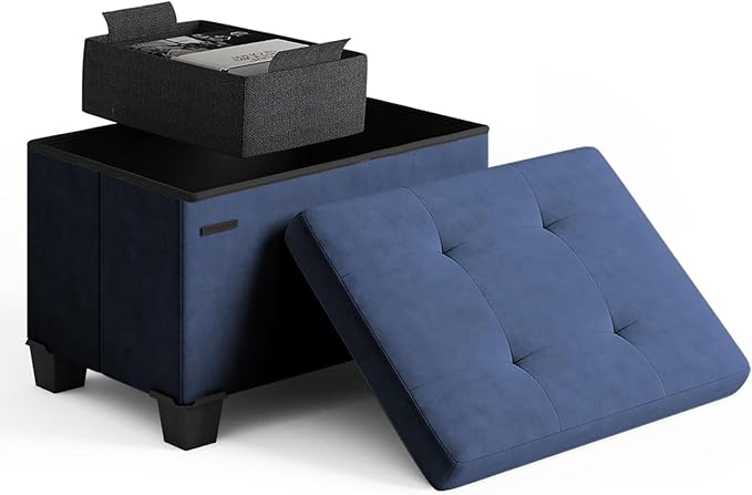 Storage Ottoman Cube with Small Bin, 16-in Square Ottoman with Storage for Living Room and Bedroom, Small Ottomans Foot Rest, Velvet Foot Stools Ottomans Max 330lbs, Blue