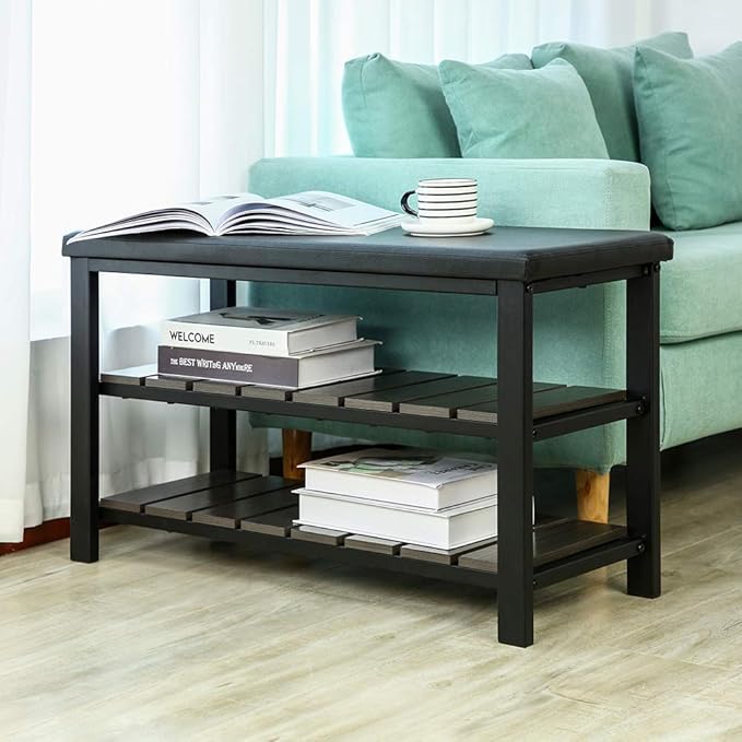 Finnhomy 3-Tier Shoe Rack Bench Cushion. Holds Up to 400 lb Rack, for Entryway, Bedroom, Hallway, Accent Furniturn, Elegant Black Wood