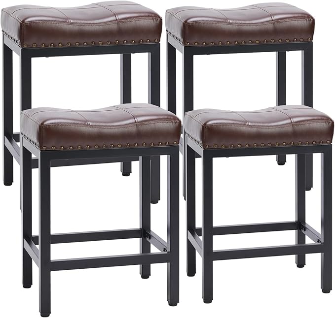 Bar Stools Set of 4, Upholstered Counter Height Stools with Padded Seats and Metal Base, Leather Saddle Stool for Modern Kitchen Island, 22.4-Inch, Brown