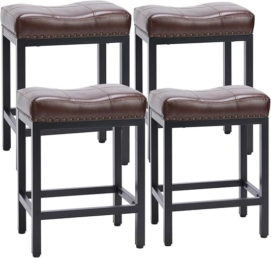 Bar Stools Set of 4, Upholstered Counter Height Stools with Padded Seats and Metal Base, Leather Saddle Stool for Modern Kitchen Island, 22.4-Inch, Brown