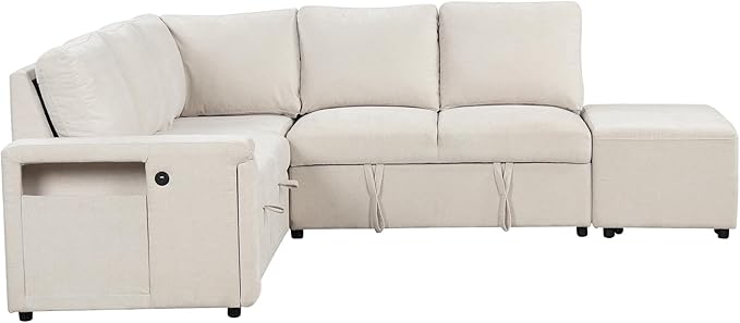 90.6" L-Shaped Modular Padded Cloud Sectional Fabric Sofa Set with Pull Out Bed, Convertible Sectional Couches w/Storage Space and USB Ports & Cup Holders on The Armrests,for Living Room,Beige