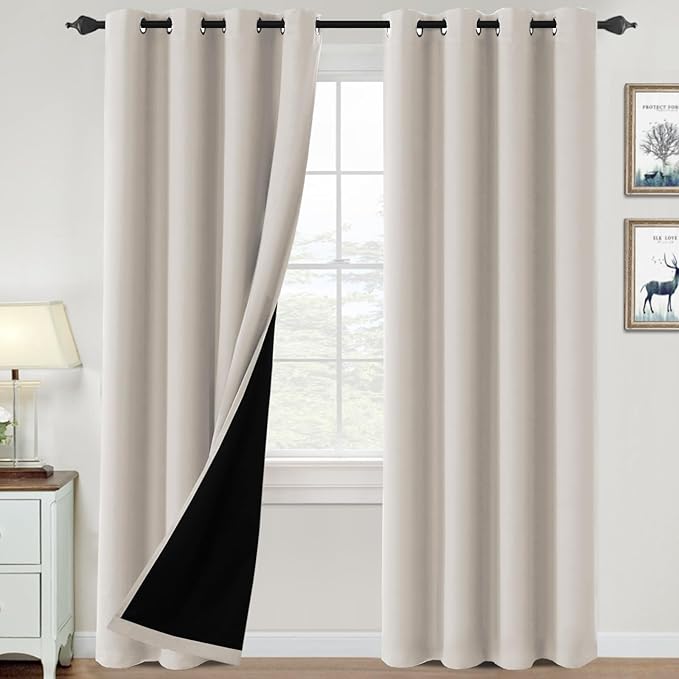 H.VERSAILTEX 100% Blackout Curtains for Bedroom Thermal Insulated Blackout Curtains 96 inch Length Heat and Full Light Blocking Curtains for Living Room with Black Liner 2 Panels Set, Fog