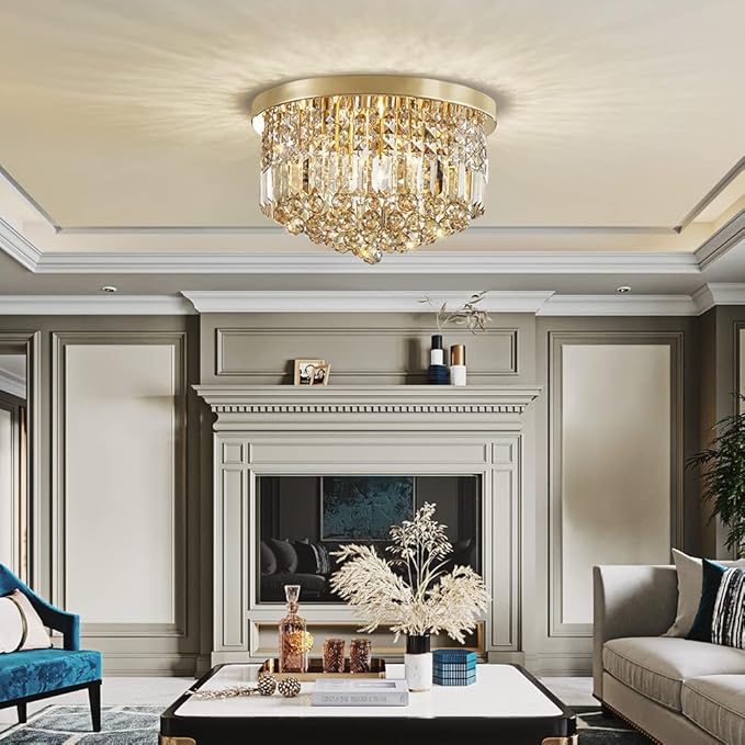 Saint Mossi 9 Light Modern K9 Crystal Raindrop Chandelier Lighting, Flush Mount, Perfect for Dining Room Bedroom; E12 Bulb Base; Height 11" x Diameter 20"; Champagne Crystal & Gold Finish