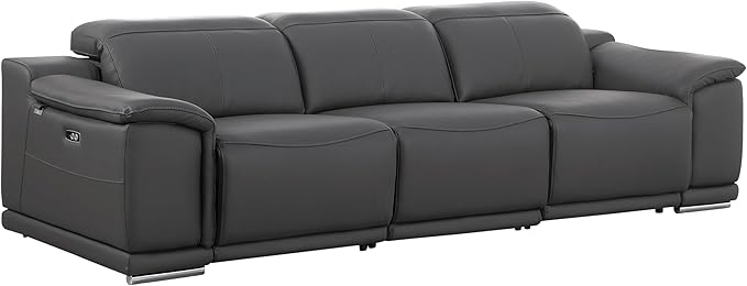 BlackJack Furniture Venice Top Grain Italian Leather Power Recline 3 Piece Sofa - 107" Theater Seating Modern Couch for Living Room Apartment Home with Adjustable Headrests & USB Port, Dark Grey