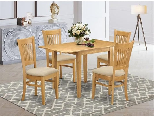 East West Furniture NDVA5-OAK-C 5 Piece Kitchen Table & Chairs Set Includes a Rectangle Dining Room Table with Dropleaf and 4 Linen Fabric Upholstered Chairs, 30x48 Inch, Oak