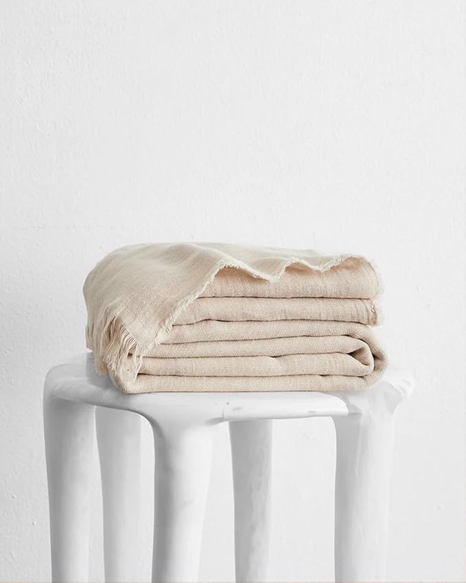 Bed Threads - Linen Muslin Throw - 100% French Flax Linen - Double-Layered & Frayed Edge - Eco-Friendly - Soft & Delicate Blanket - Classic Solid Colorway - Machine Washable - 87” x 59” - Oatmeal