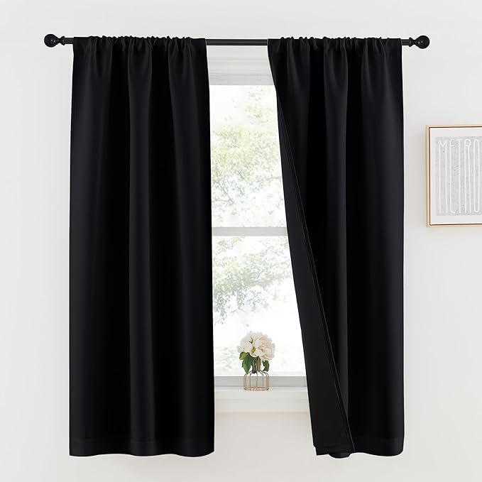 NICETOWN Black 100% Blackout Lined Curtains, 2 Thick Layers Completely Blackout Rod Pocket Thermal Insulated Drapes for Kitchen/Bedroom (1 Pair, 37 inches Width x 63 inches Length Each Panel)