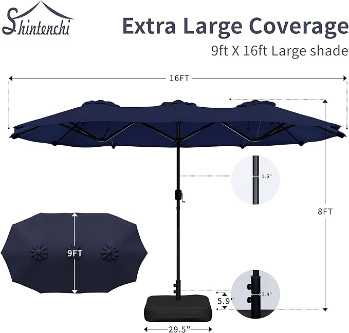Shintenchi 13FT Large Patio Umbrella with Base Included, Outdoor Double-Sided Rectangular Shade with Crank Handle for Poolside Lawn, Deck & Garden, Dark Blue