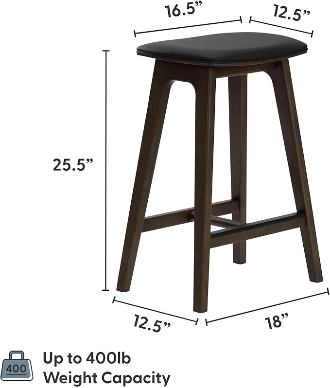 Plank+Beam Beryl Counter Height Stool - Mid-Century Modern Rubberwood Bar Stool with Faux Leather Seat, Metal Footrest, Easy Assembly, 4-Pack, Walnut/Black