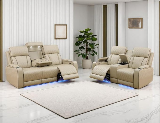 Leather Power Recliner Sofa Set, Living Room Furniture Sets, 2 Piece Reclining Sofa Set with Cup Holders, Modern Recliner Couches with Arm Storage/Coffee Table/Charging for Home/Office, Khaki