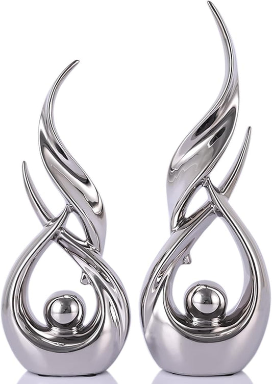 2 PCS Silver Ceramic Statues For Home Decor Accents, Modern Abstract Art Sculptures, Elegant Tabletop Decorative Objects For Dining Room, Entryway, Tv Stand, Mantel, Coffee Table Centerpieces