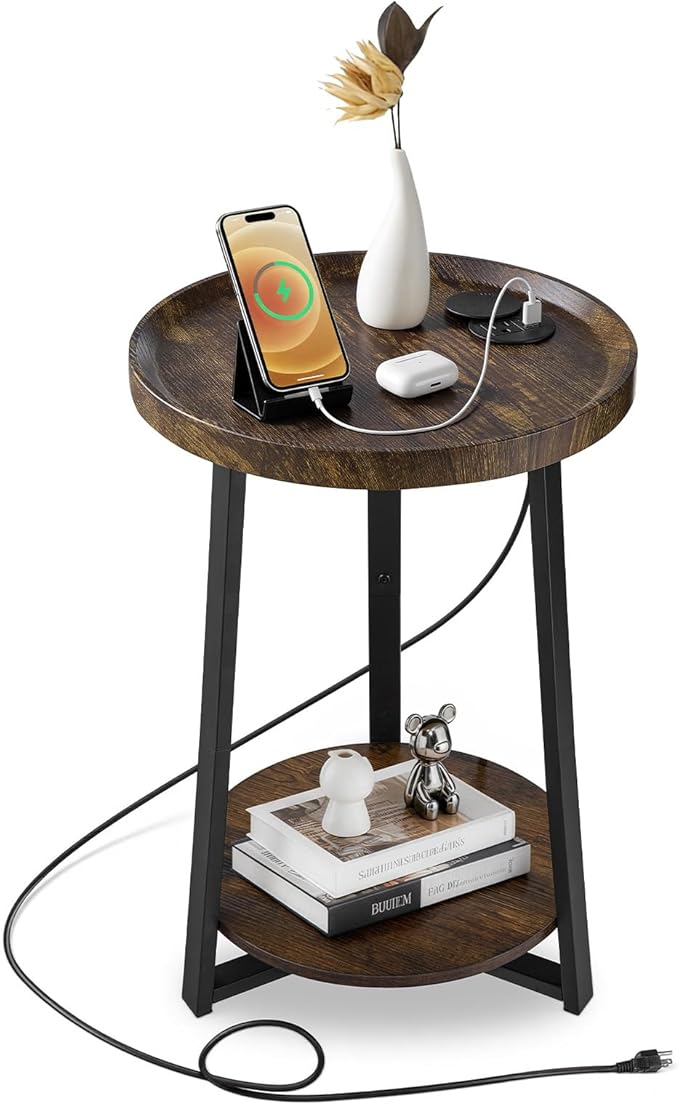 VEVOR Round Side Table with Charging Station, 15.7" Metal Round End Table with Storage Shelves, 4.9ft Power Cord, Modern Nightstand for Bedroom, Living Room, Office – Brown