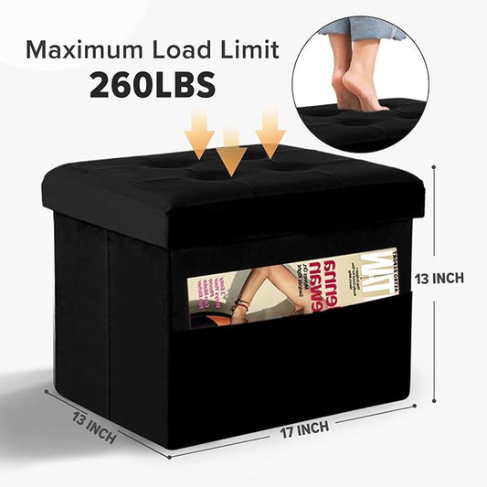 LINMAGCO Storage Ottoman Folding Foot Stool Foot Rest with Side Pocket Modern Ottoman with Storage Short Sofa Stool Velvet 17x13x13(Black)